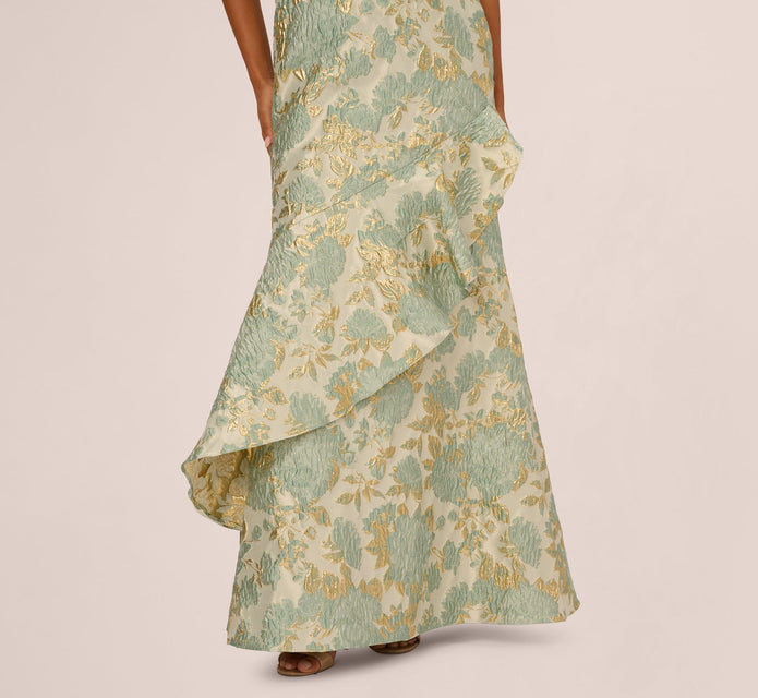 One Shoulder Beaded Metallic Floral Gown In Sage Multi