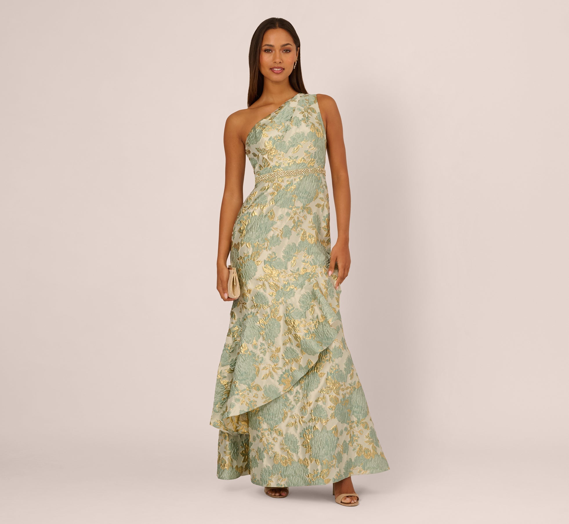 One Shoulder Beaded Metallic Floral Gown In Sage Multi