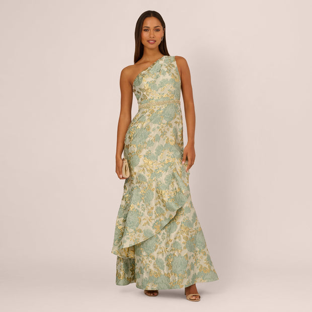 One Shoulder Beaded Metallic Floral Gown In Sage Multi