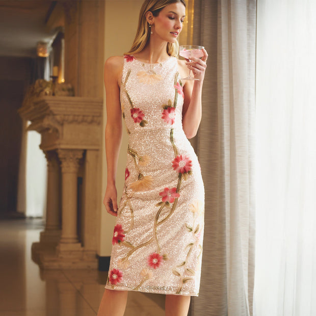 Sequin Floral Midi Sheath Dress In Silver Blush Multi