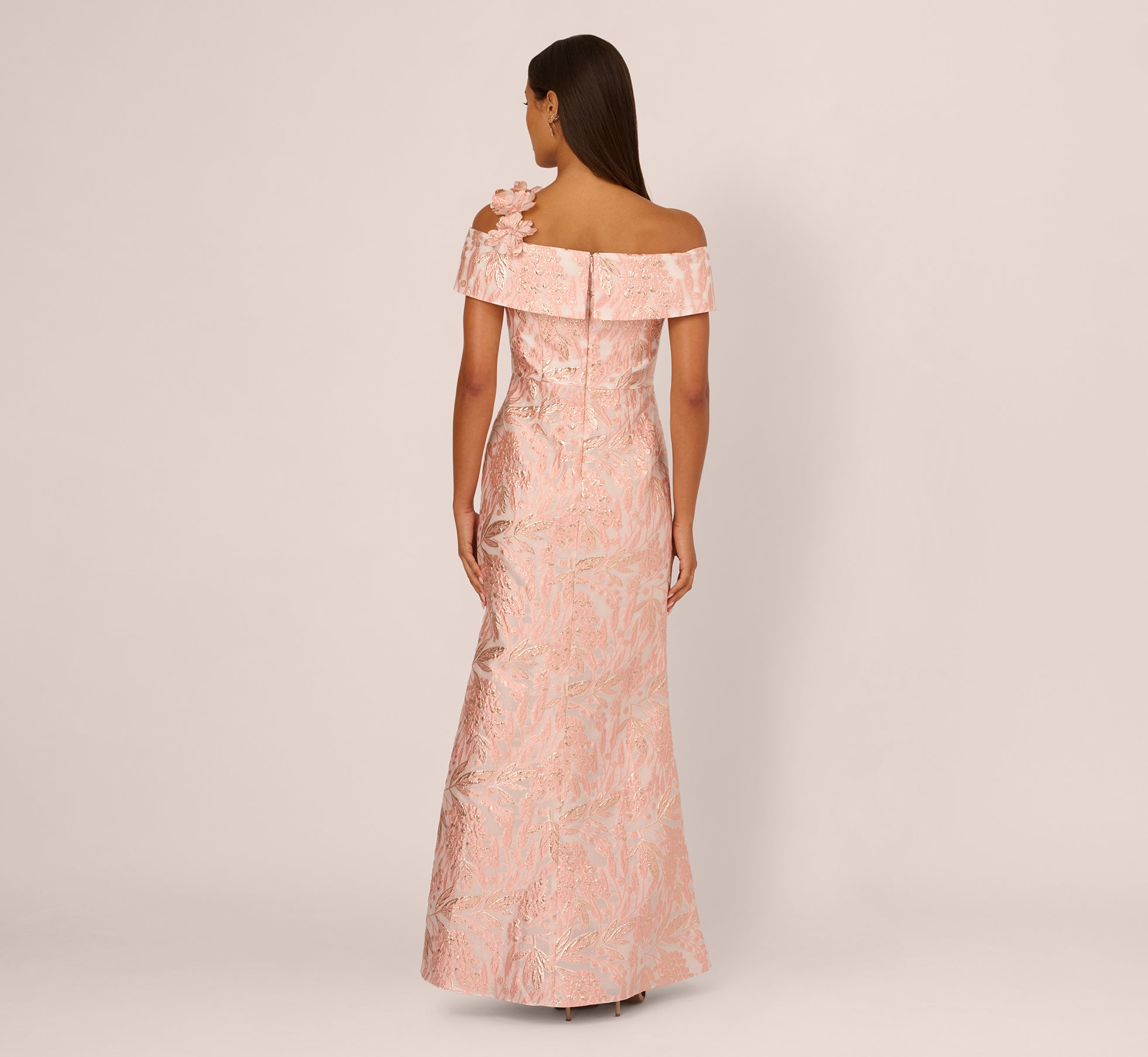 Off Shoulder 3D Floral Jacquard Gown In Blush