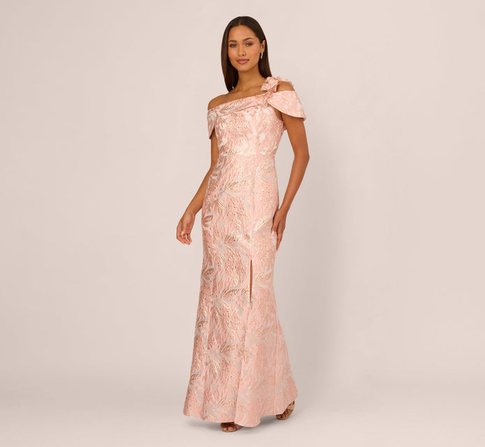Off Shoulder 3D Floral Jacquard Gown In Blush