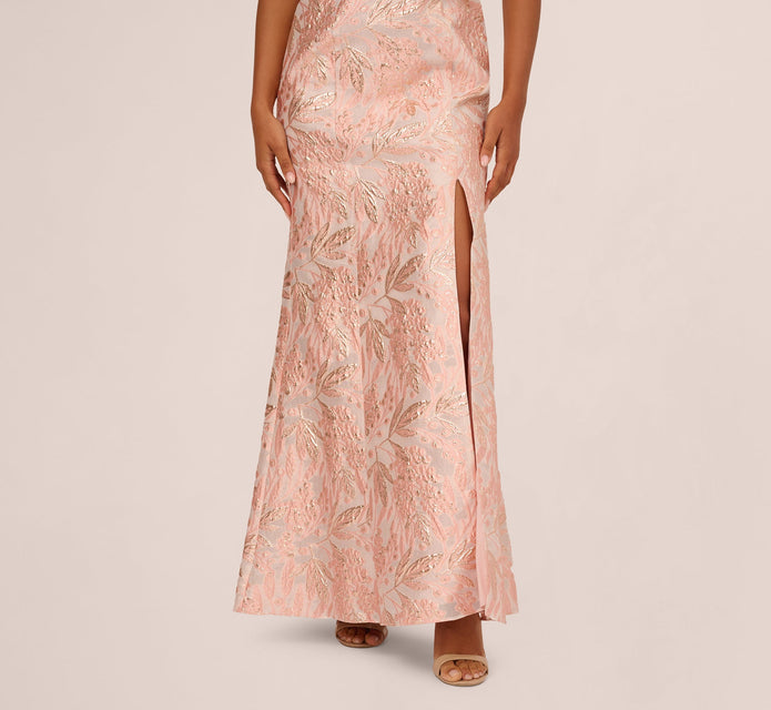 Off Shoulder 3D Floral Jacquard Gown In Blush