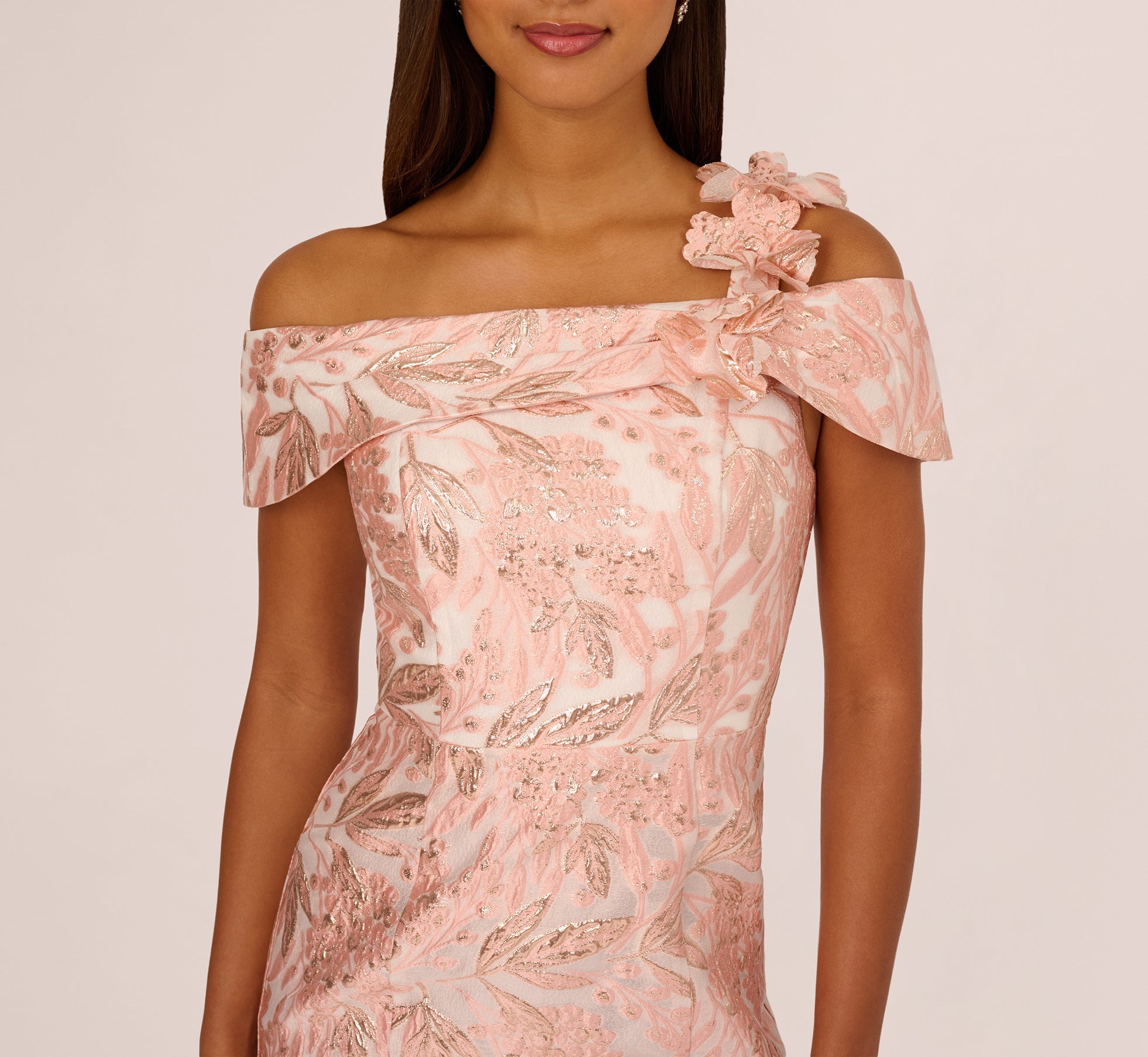 Off Shoulder 3D Floral Jacquard Gown In Blush