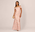 Off Shoulder 3D Floral Jacquard Gown In Blush
