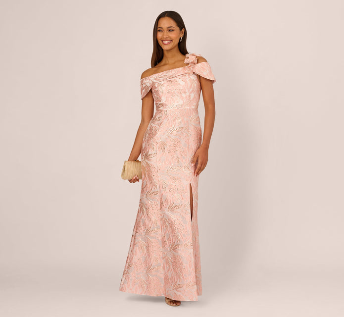 Off Shoulder 3D Floral Jacquard Gown In Blush