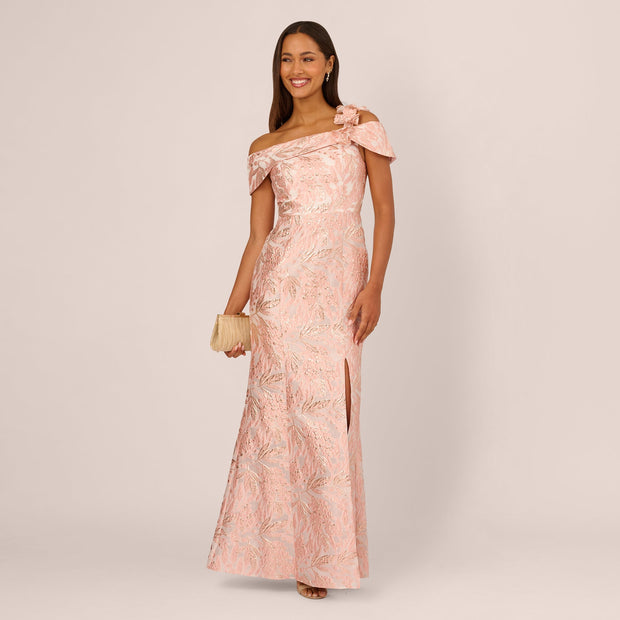 Off Shoulder 3D Floral Jacquard Gown In Blush