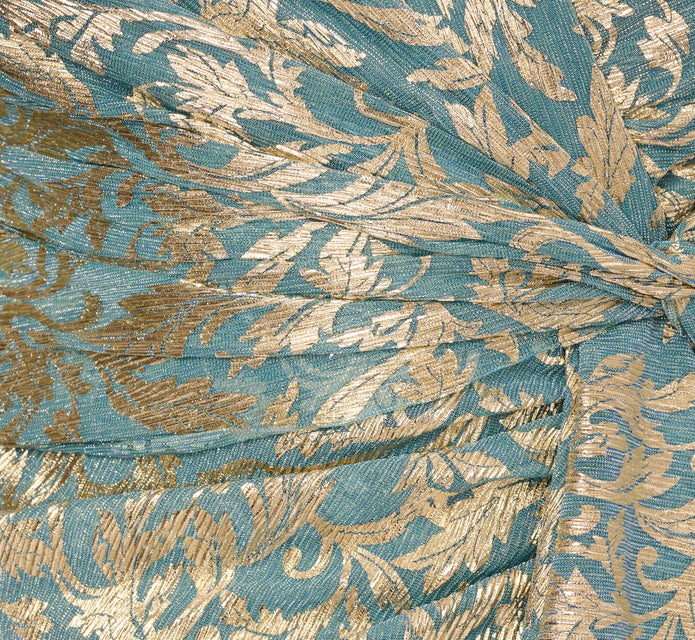 Plus Size Long Sleeve Metallic Crinkle Drape Gown In Mint Gold