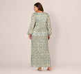 Plus Size Long Sleeve Metallic Crinkle Drape Gown In Mint Gold