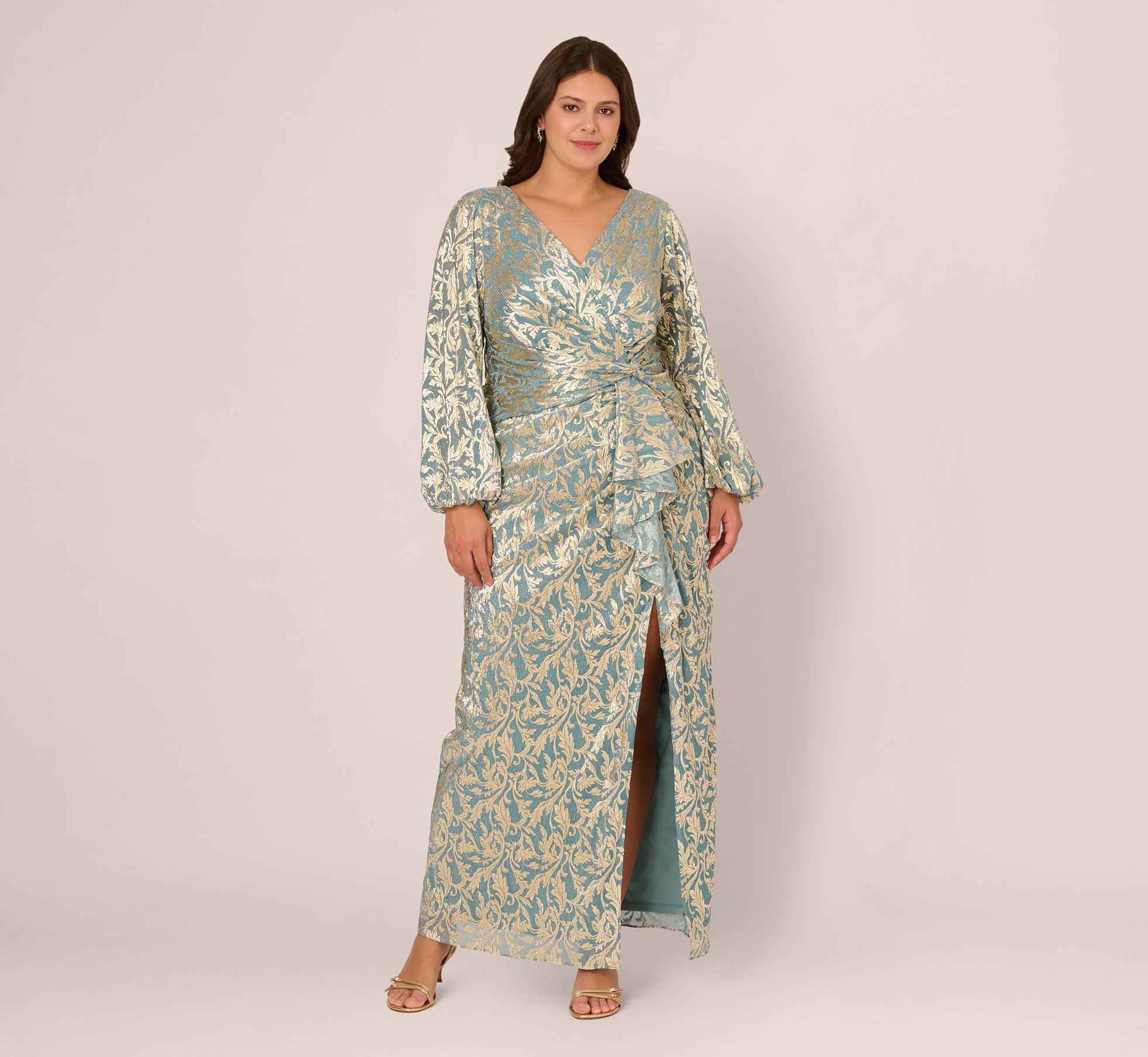Plus Size Long Sleeve Metallic Crinkle Drape Gown In Mint Gold