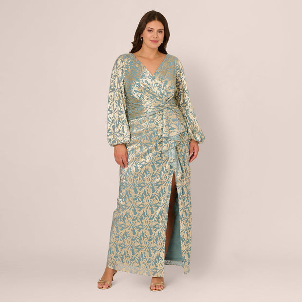 Plus Size Long Sleeve Metallic Crinkle Drape Gown In Mint Gold