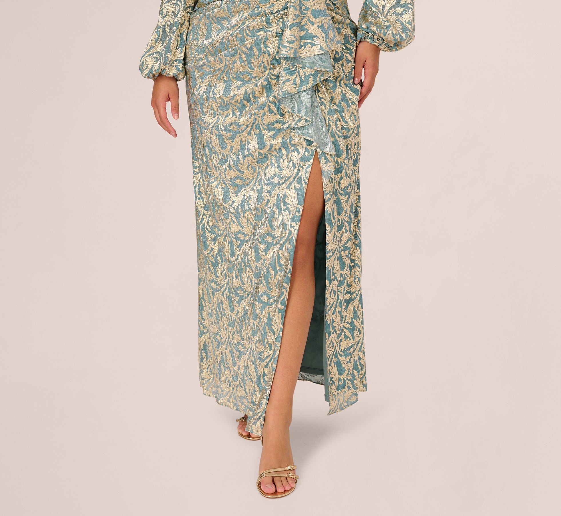 Plus Size Long Sleeve Metallic Crinkle Drape Gown In Mint Gold
