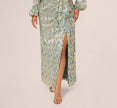 Plus Size Long Sleeve Metallic Crinkle Drape Gown In Mint Gold