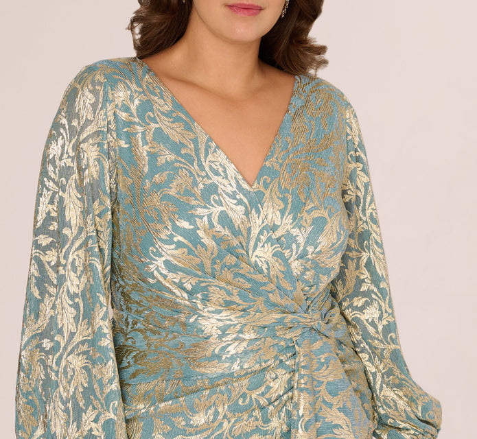 Plus Size Long Sleeve Metallic Crinkle Drape Gown In Mint Gold