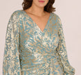 Plus Size Long Sleeve Metallic Crinkle Drape Gown In Mint Gold