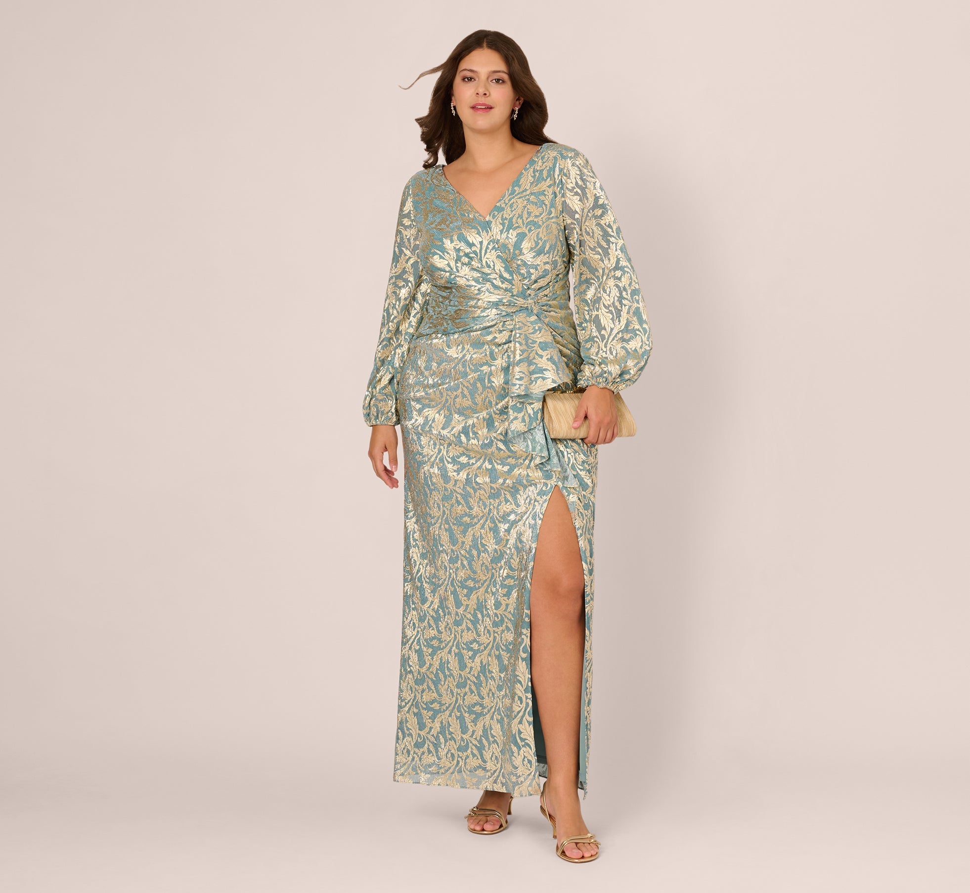Plus Size Long Sleeve Metallic Crinkle Drape Gown In Mint Gold