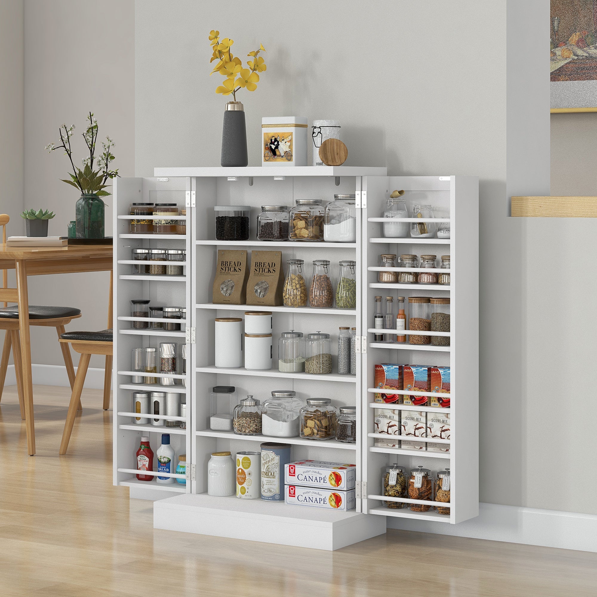 41-Inch White Freestanding Kitchen Pantry with Double Doors and 5-Tier Shelving