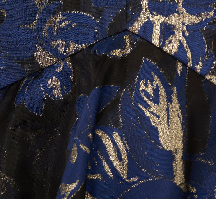 One Shoulder Floral Jacquard Flounce Ballgown In Navy Multi