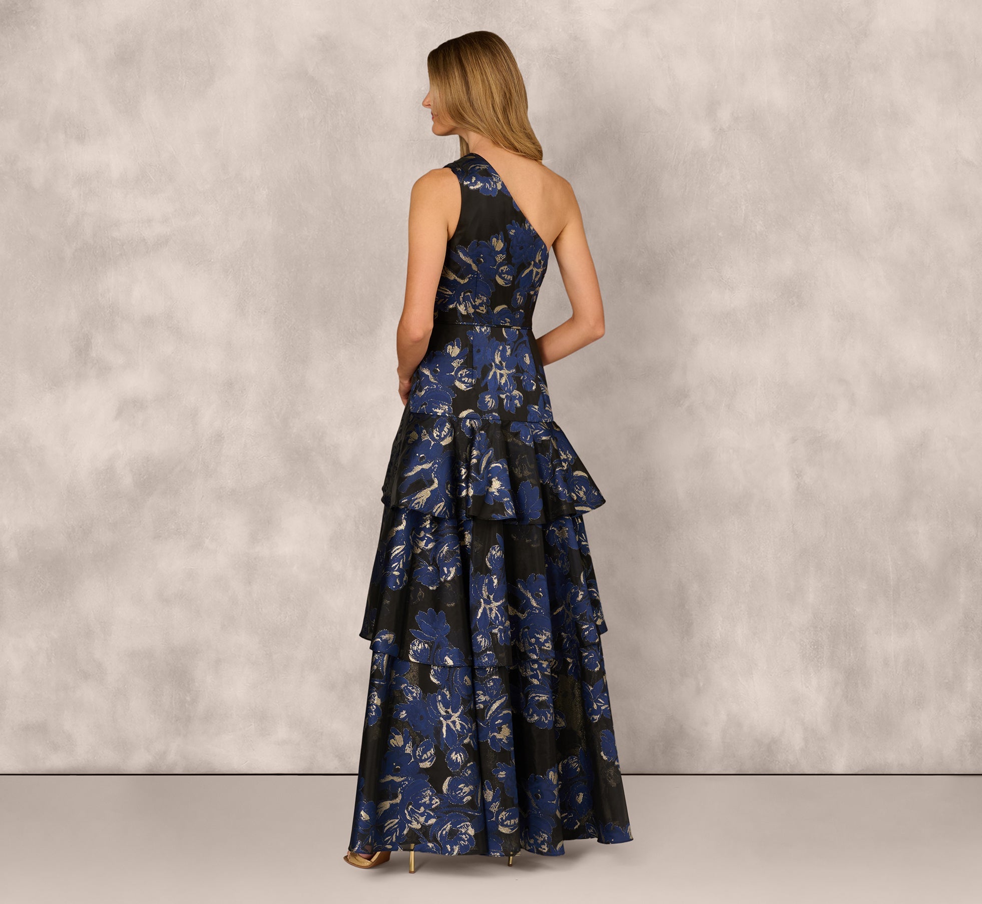 One Shoulder Floral Jacquard Flounce Ballgown In Navy Multi