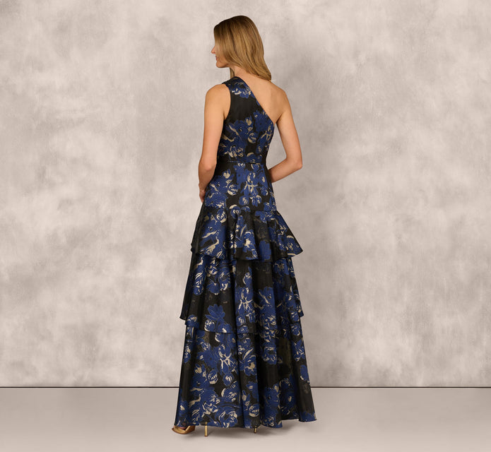 One Shoulder Floral Jacquard Flounce Ballgown In Navy Multi