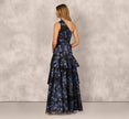 One Shoulder Floral Jacquard Flounce Ballgown In Navy Multi