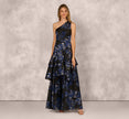 One Shoulder Floral Jacquard Flounce Ballgown In Navy Multi