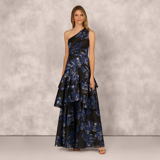 One Shoulder Floral Jacquard Flounce Ballgown In Navy Multi