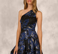 One Shoulder Floral Jacquard Flounce Ballgown In Navy Multi