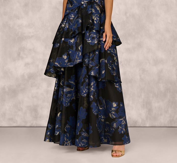 One Shoulder Floral Jacquard Flounce Ballgown In Navy Multi