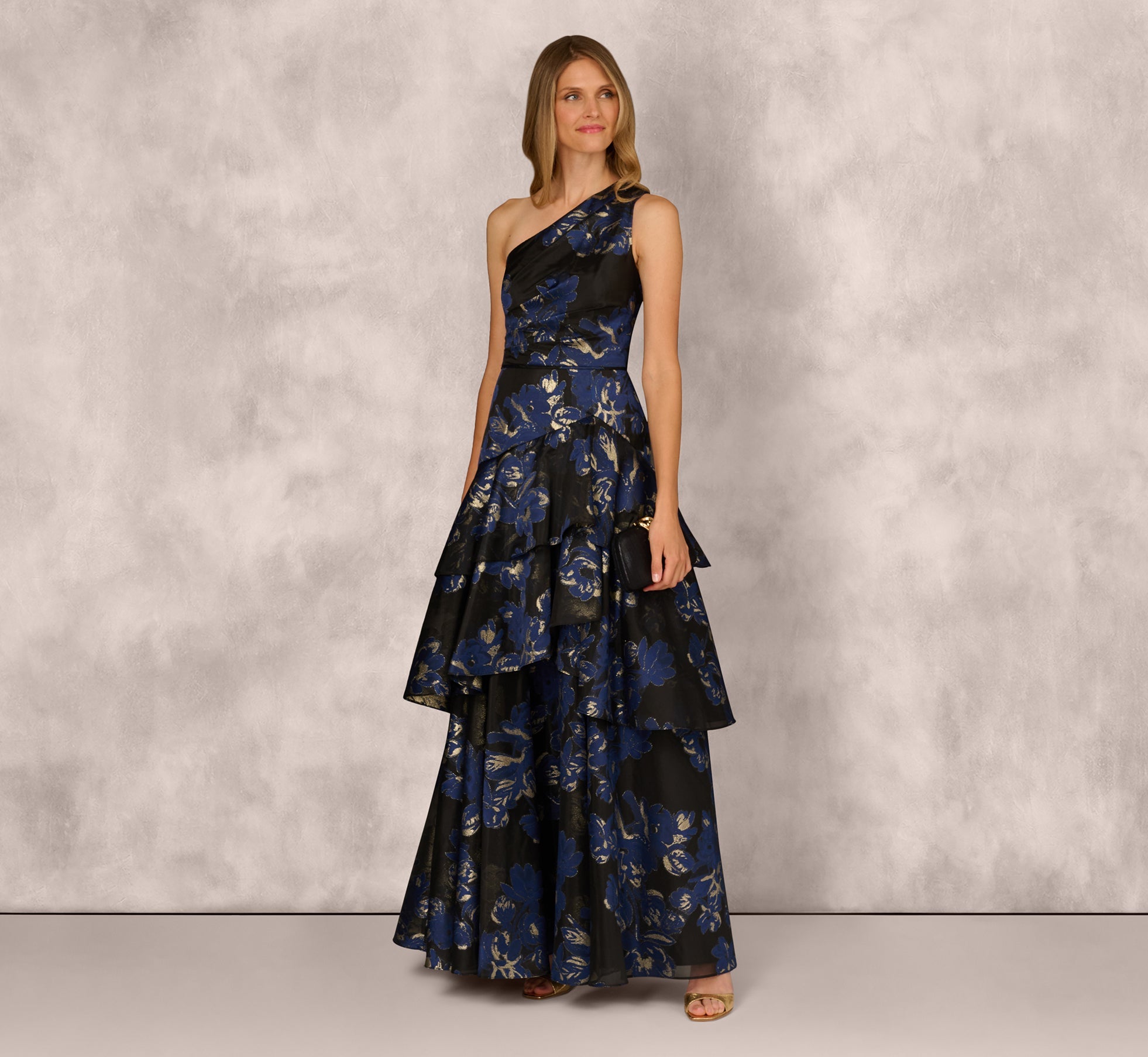 One Shoulder Floral Jacquard Flounce Ballgown In Navy Multi