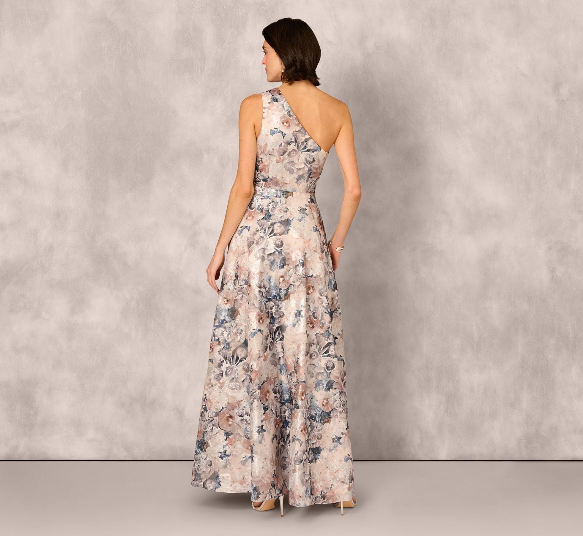 One Shoulder Floral Jacquard Ruffle Gown In Blue Multi