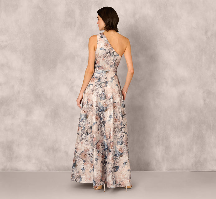 One Shoulder Floral Jacquard Ruffle Gown In Blue Multi