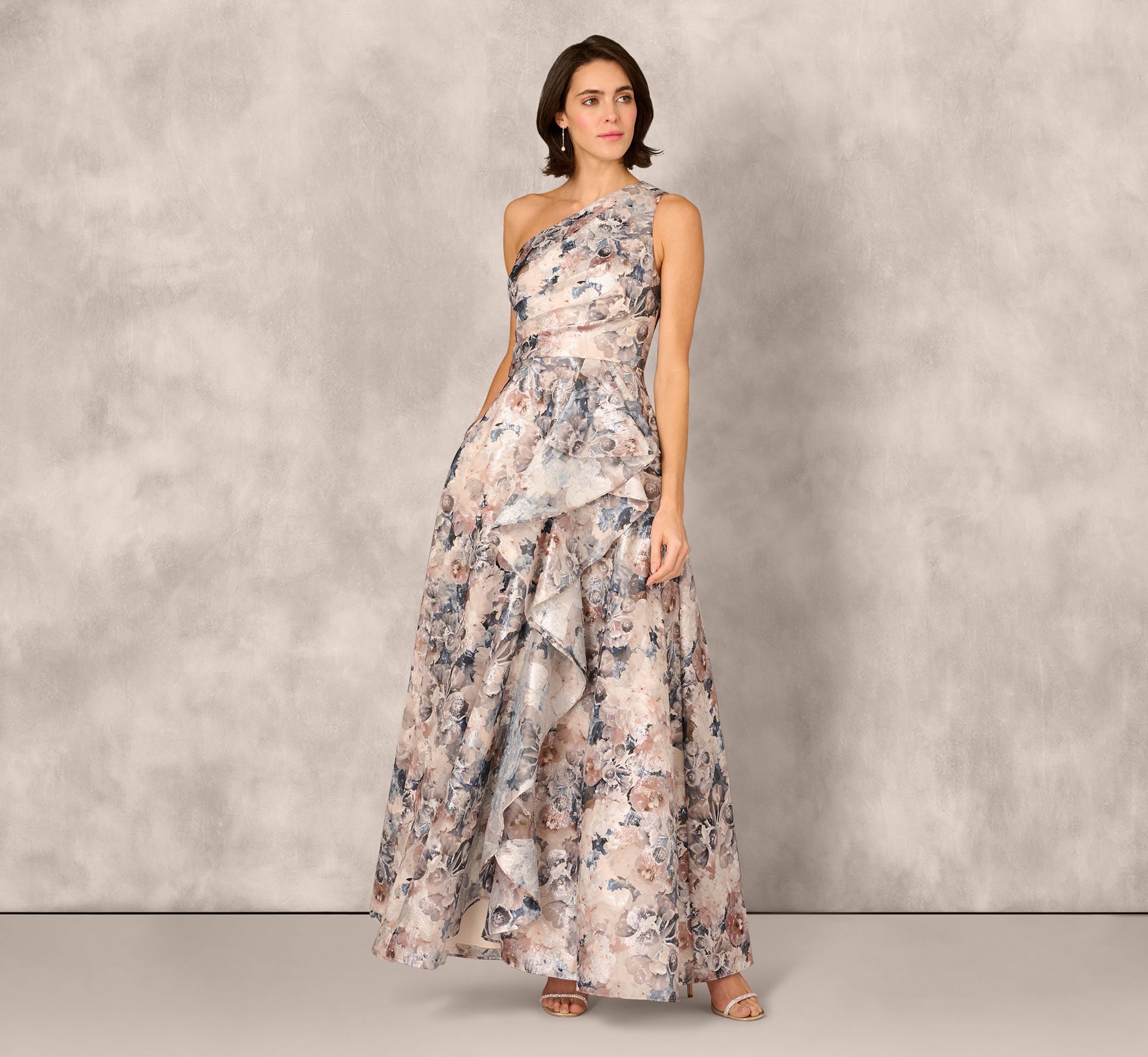 One Shoulder Floral Jacquard Ruffle Gown In Blue Multi