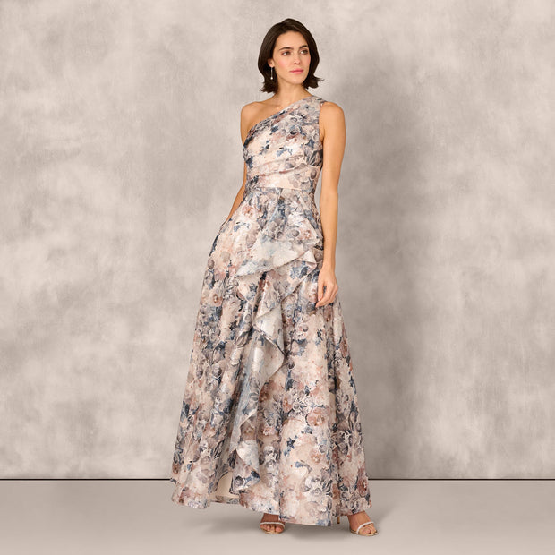 One Shoulder Floral Jacquard Ruffle Gown In Blue Multi
