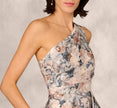 One Shoulder Floral Jacquard Ruffle Gown In Blue Multi