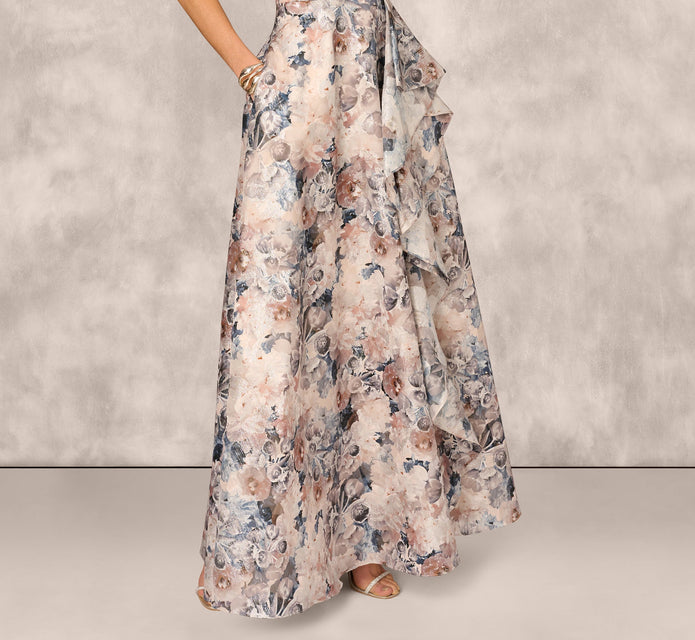 One Shoulder Floral Jacquard Ruffle Gown In Blue Multi