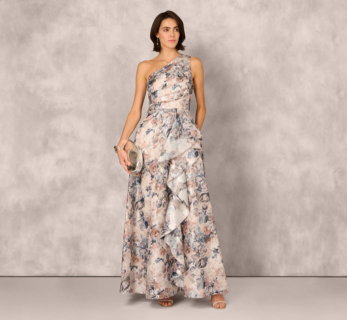 One Shoulder Floral Jacquard Ruffle Gown In Blue Multi