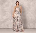 One Shoulder Floral Jacquard Ruffle Gown In Blue Multi