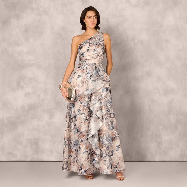 One Shoulder Floral Jacquard Ruffle Gown In Blue Multi