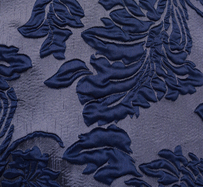 Off Shoulder Textured Floral Jacquard Gown In Navy