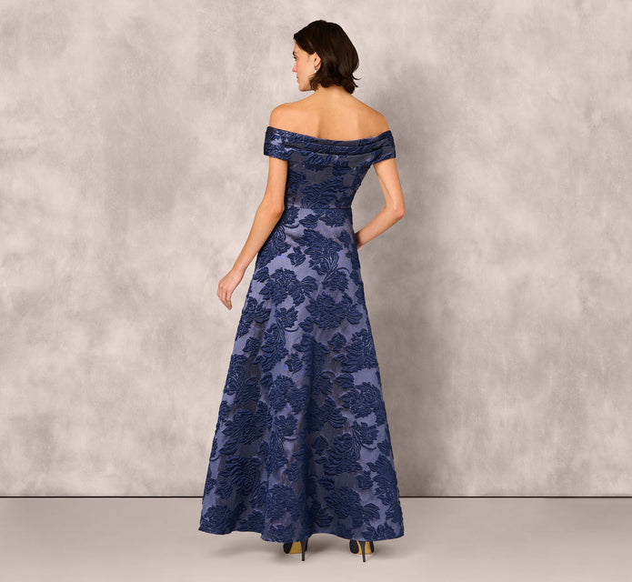 Off Shoulder Textured Floral Jacquard Gown In Navy