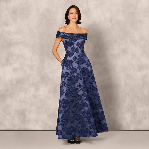 Off Shoulder Textured Floral Jacquard Gown In Navy