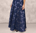 Off Shoulder Textured Floral Jacquard Gown In Navy