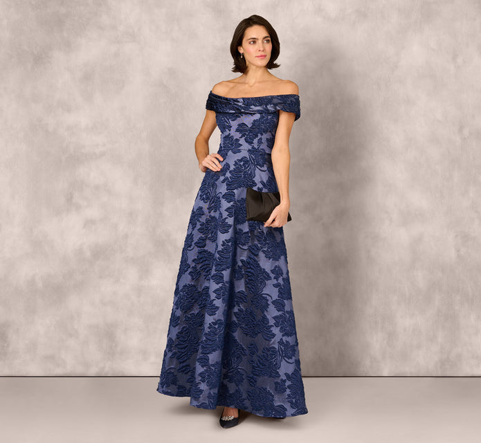 Off Shoulder Textured Floral Jacquard Gown In Navy