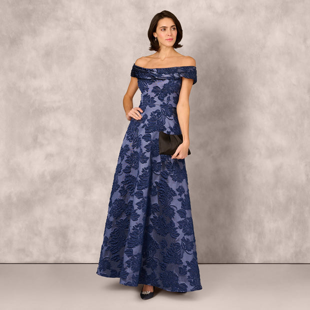 Off Shoulder Textured Floral Jacquard Gown In Navy