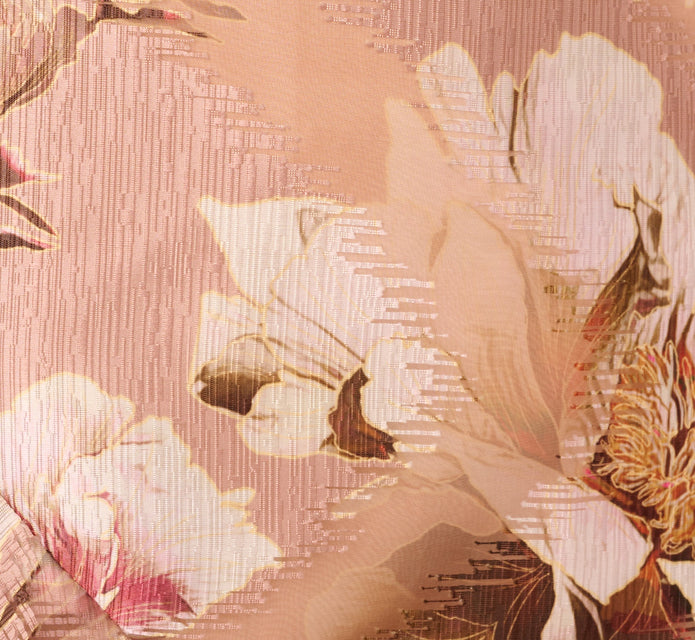 Off Shoulder Floral Jacquard Flounce Gown In Blush Multi