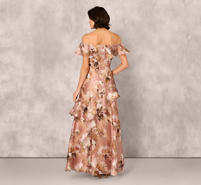 Off Shoulder Floral Jacquard Flounce Gown In Blush Multi