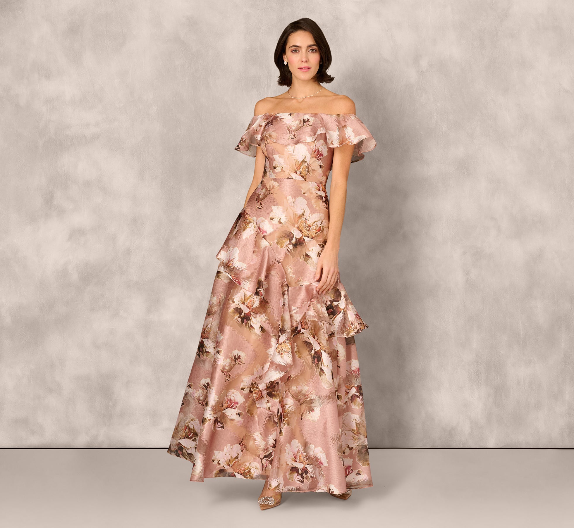 Off Shoulder Floral Jacquard Flounce Gown In Blush Multi
