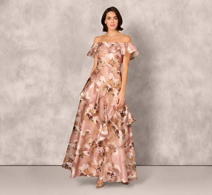 Off Shoulder Floral Jacquard Flounce Gown In Blush Multi