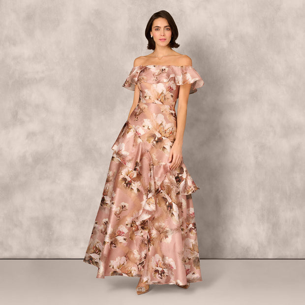 Off Shoulder Floral Jacquard Flounce Gown In Blush Multi